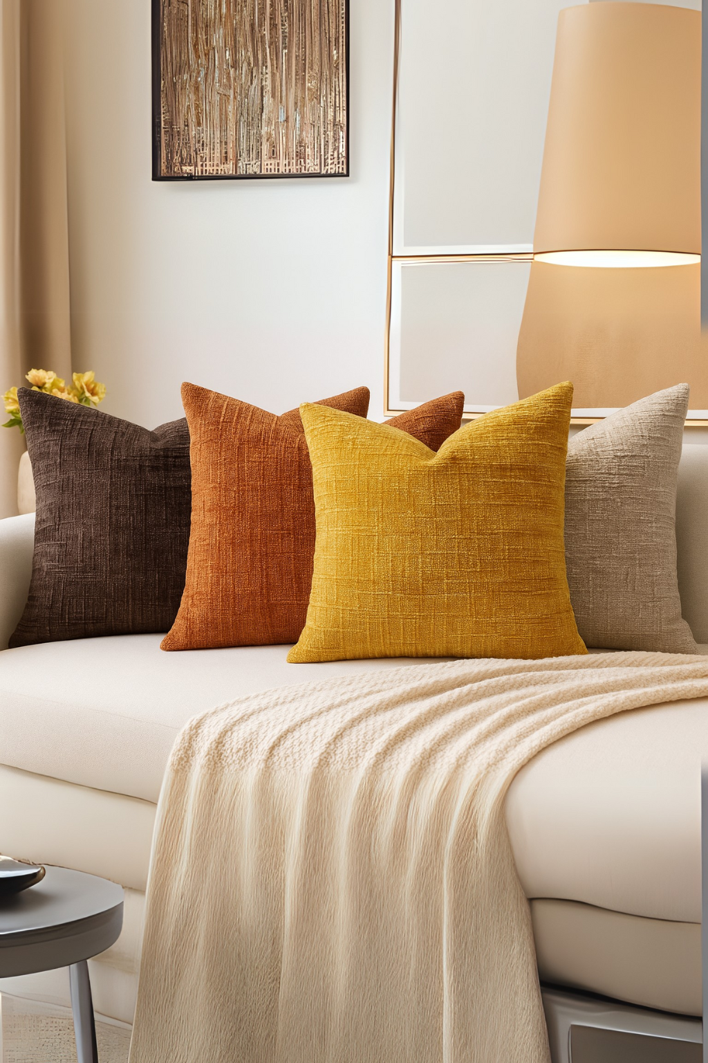 Decorative pillows on a sofa with a lamp and artwork in the background