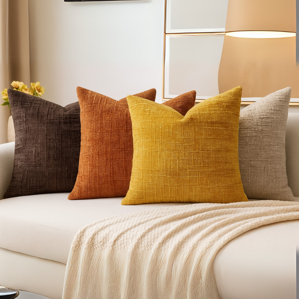Decorative pillows on a sofa with a lamp and artwork in the background