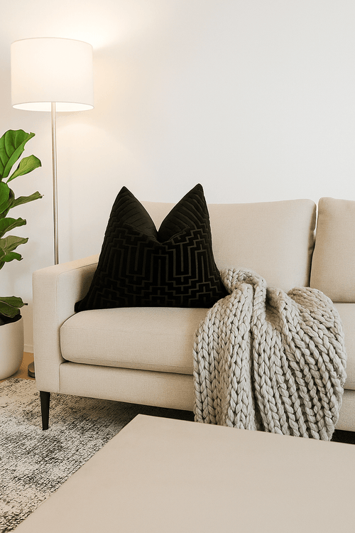 Beige sofa with a black pillow and knitted blanket in a living room setting.
