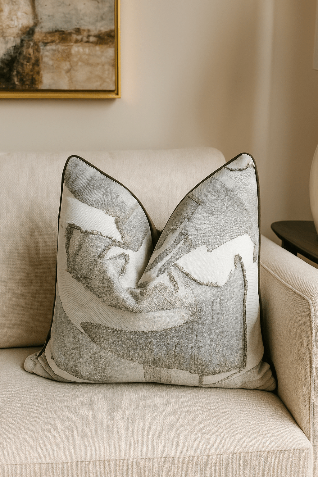 Decorative pillow with abstract pattern on a beige sofa