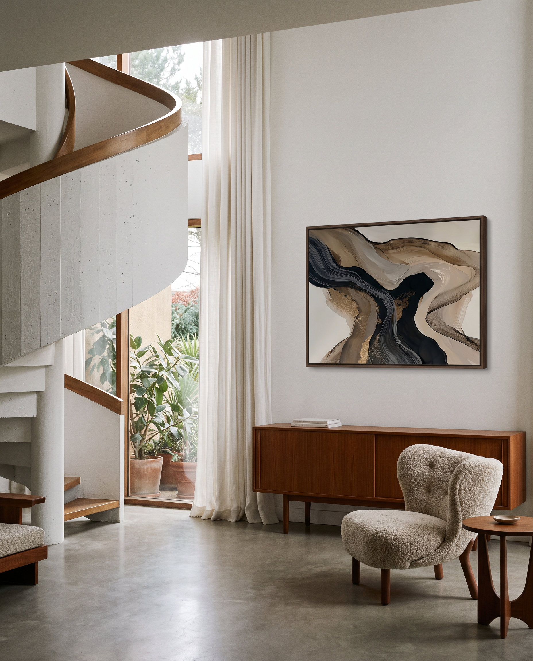 An abstract framed wall art print with flowing beige, brown, black, and cream shapes, displayed in a modern living room setting next to a wooden console table and a textured armchair.