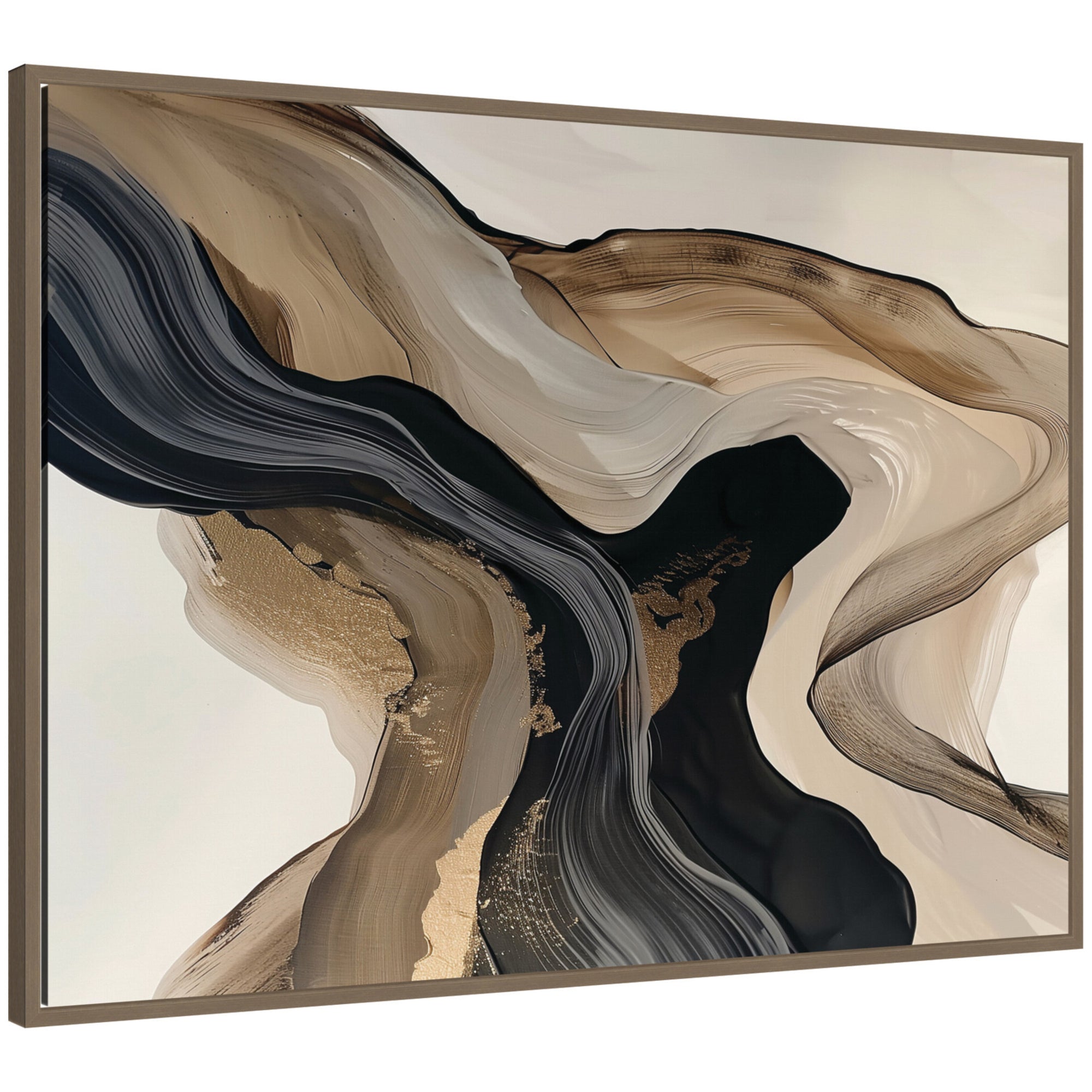 Abstract art piece with wavy patterns in brown, black, and beige on a white background.