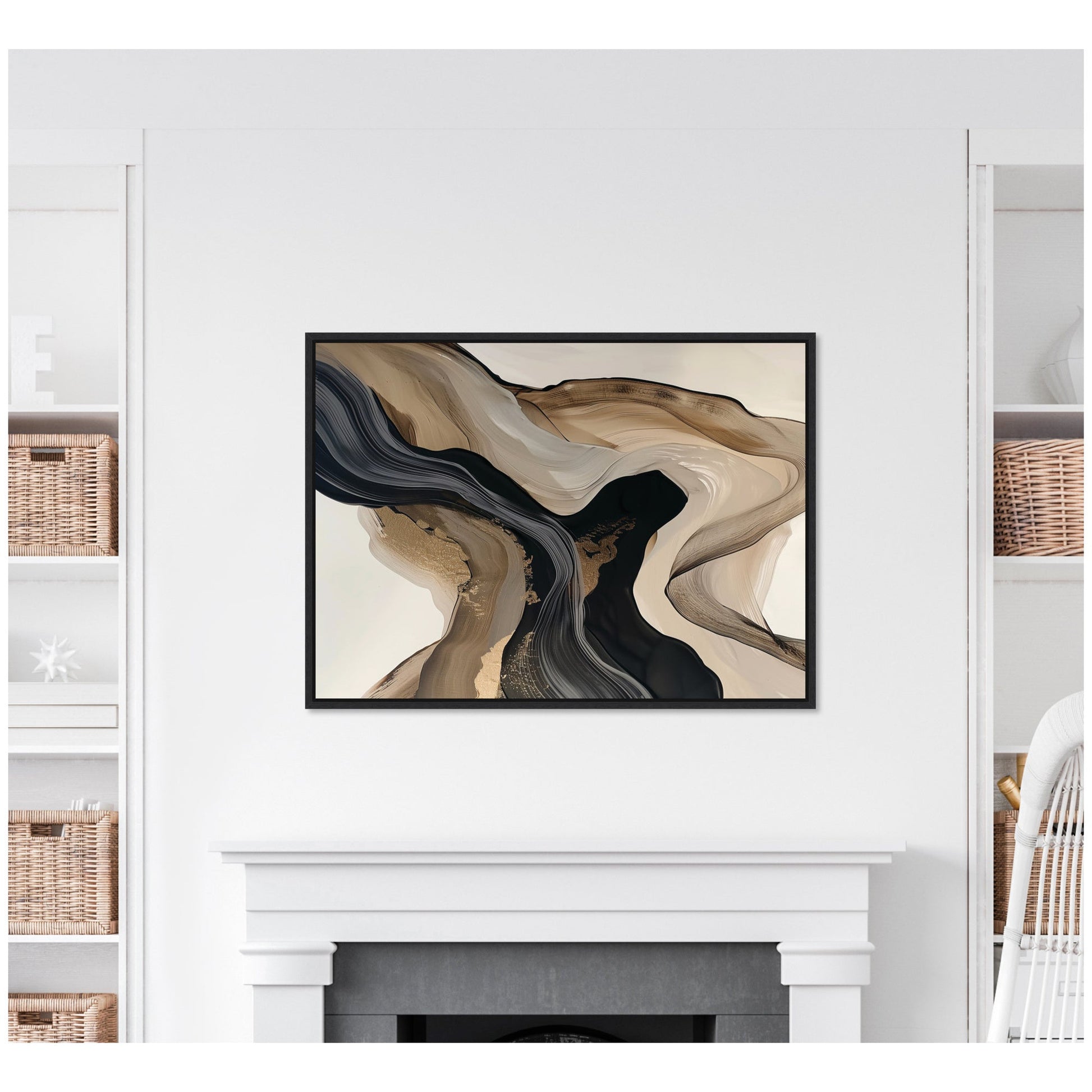 Abstract art piece on a white wall above a fireplace