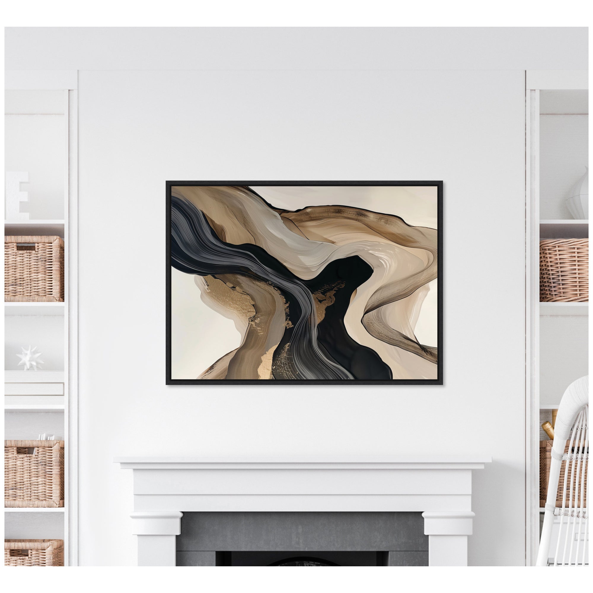 Abstract art piece on a white wall above a fireplace