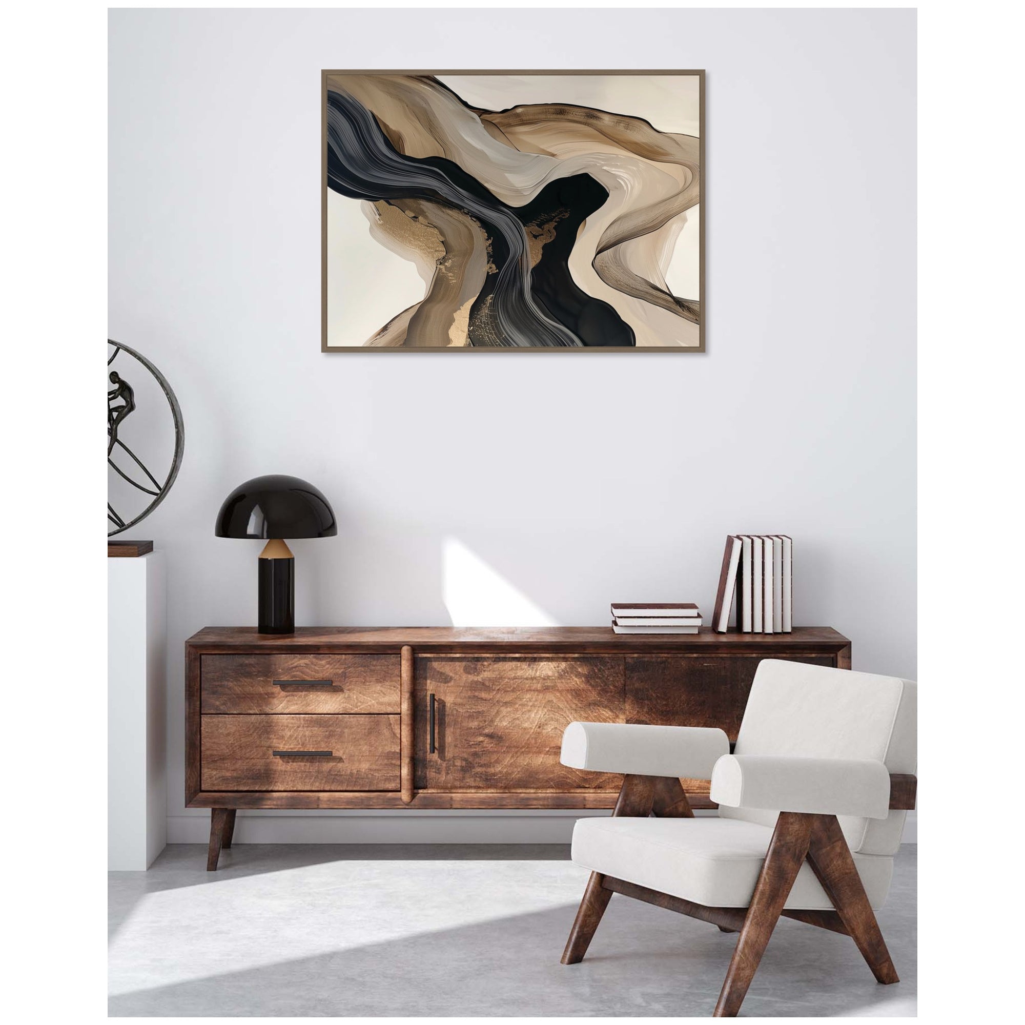 Modern interior with a wooden sideboard, white chair, and abstract wall art.