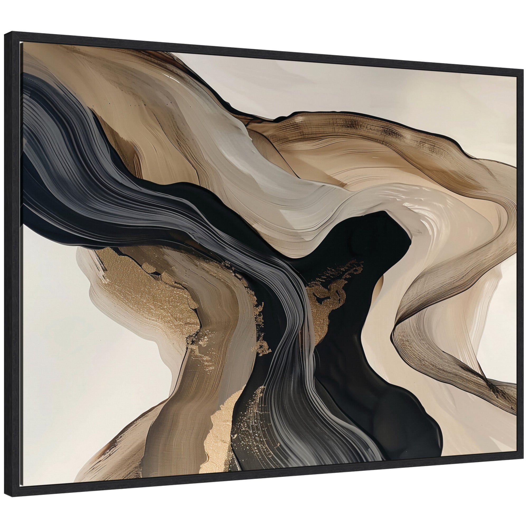 Abstract art piece with wavy, multicolored patterns in a black frame.