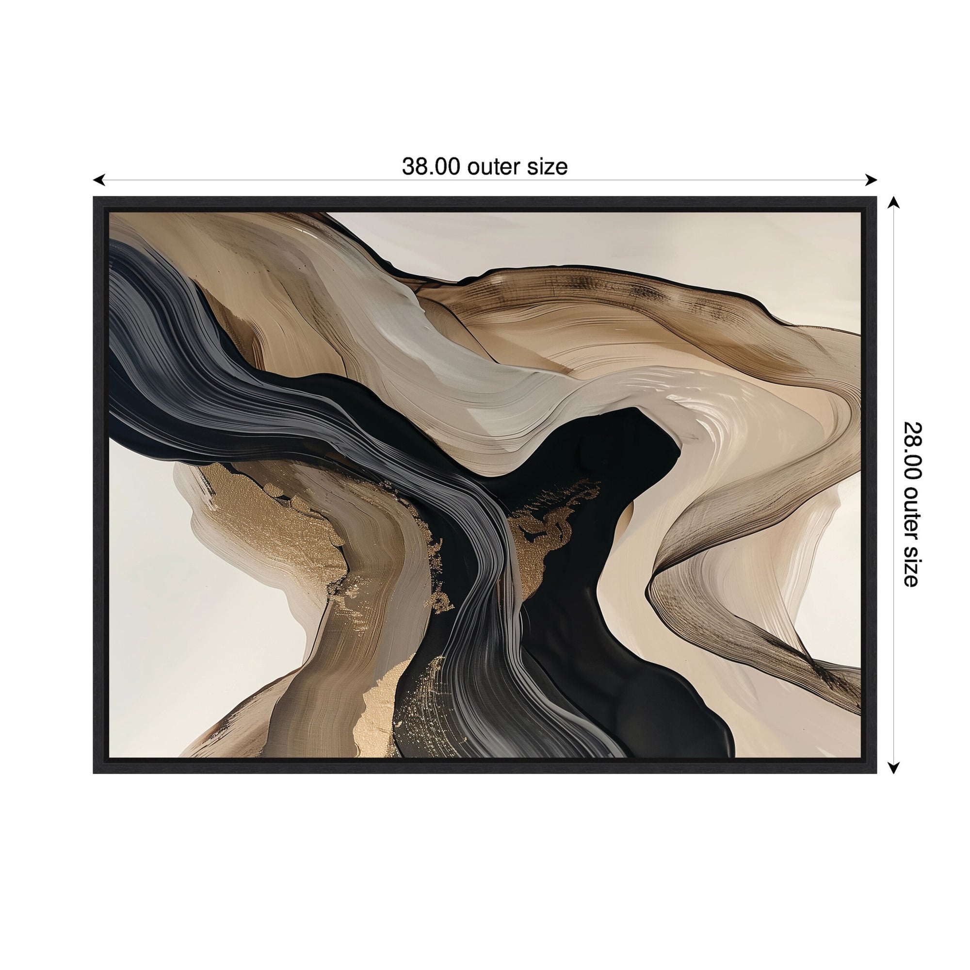 Abstract art piece with wavy lines in black, brown, and beige on a white background, with dimensions displayed.