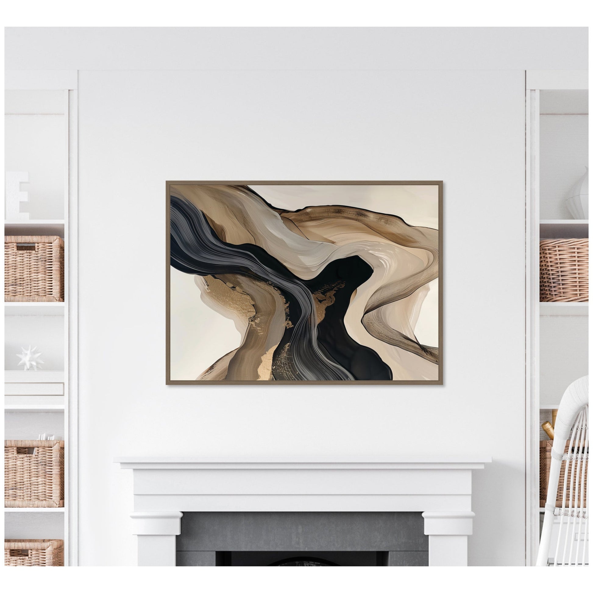 Abstract art piece on a white wall above a fireplace
