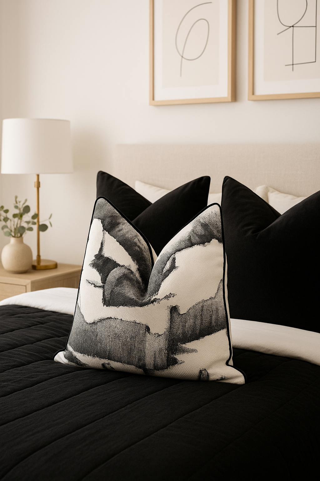Decorative pillows on a bed with abstract art in the background