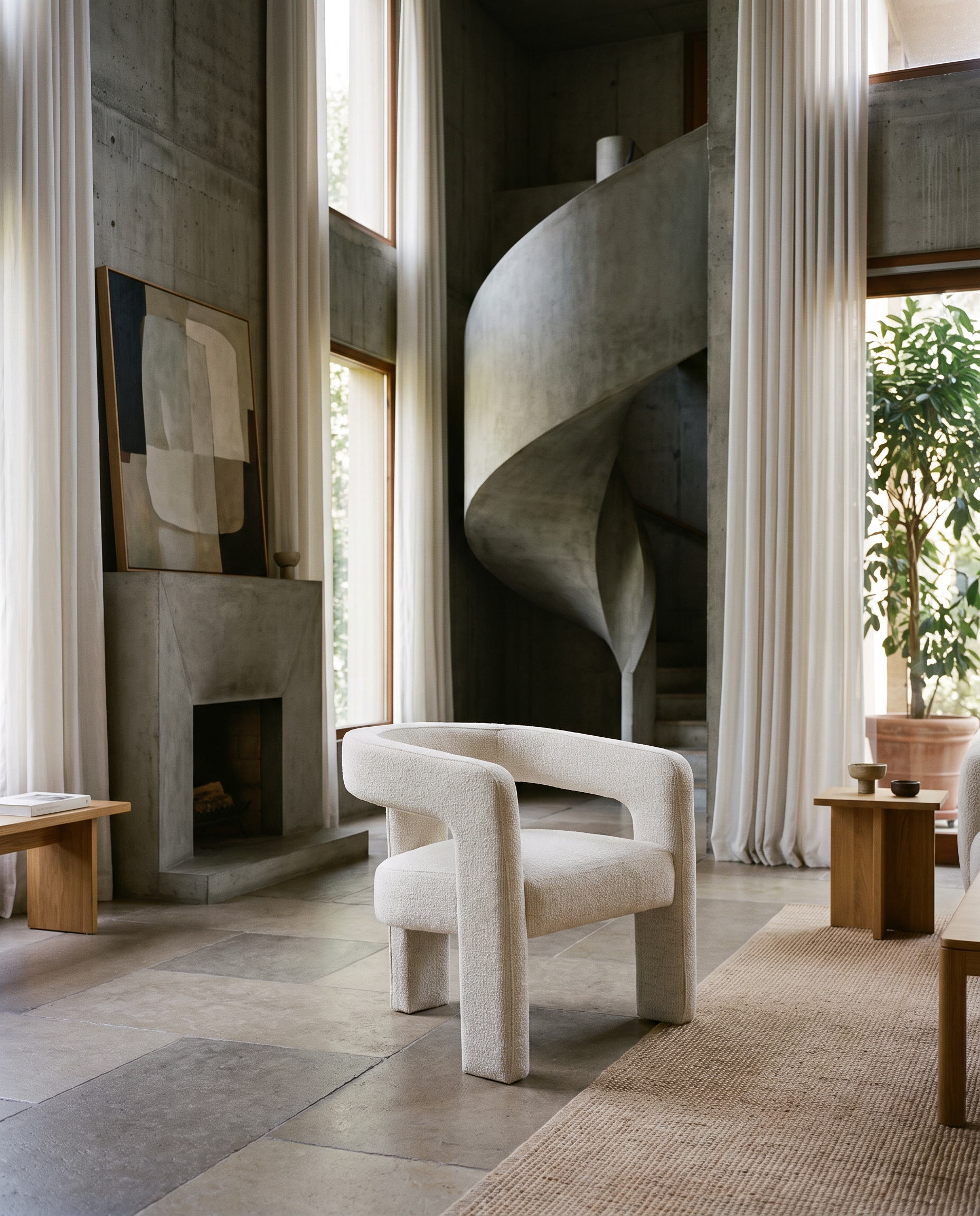A modern light beige upholstered accent chair in a minimalist, contemporary living room with concrete walls, a spiral staircase, and tall white drapes.