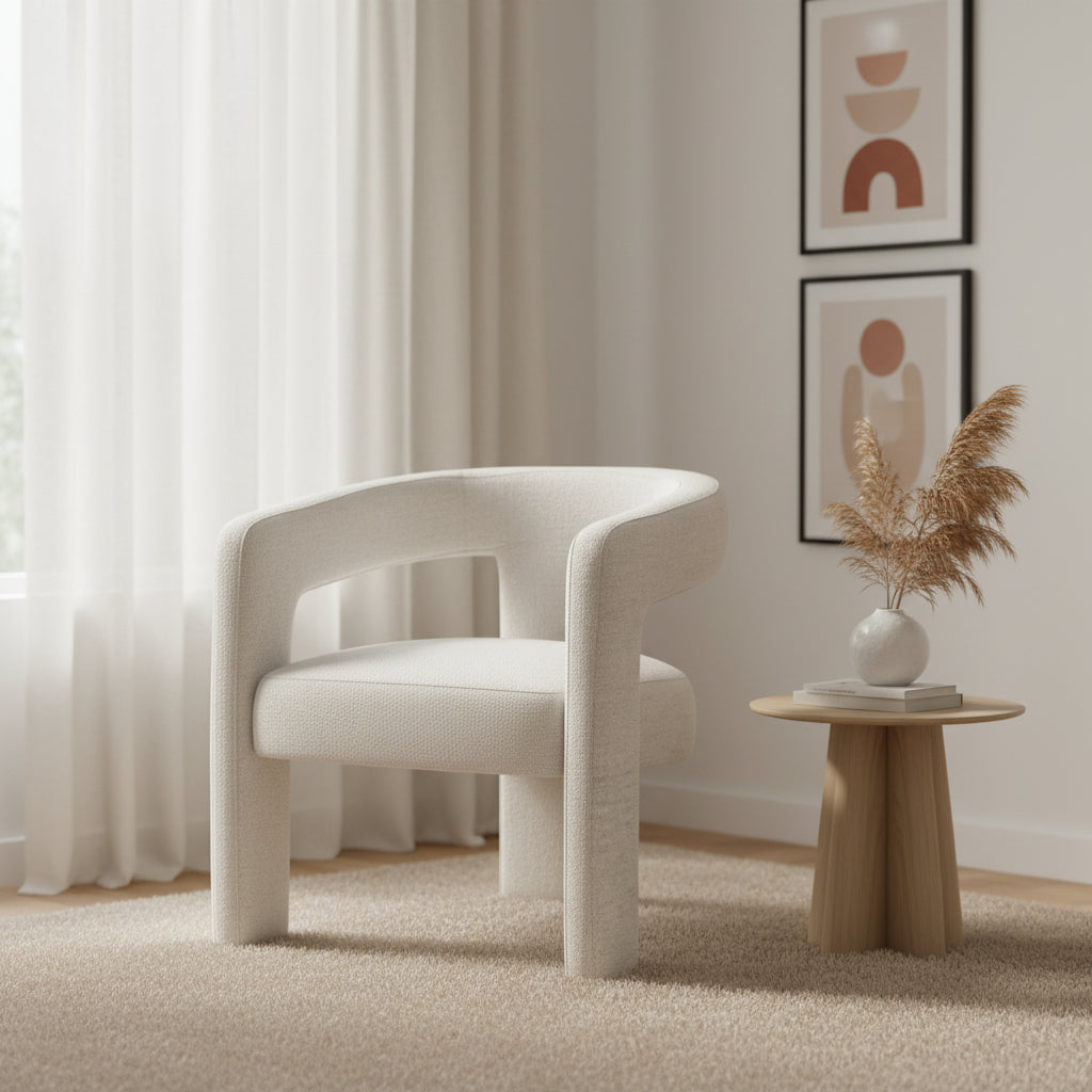 Modern chair with a light gray upholstered seat and backrest on a white background