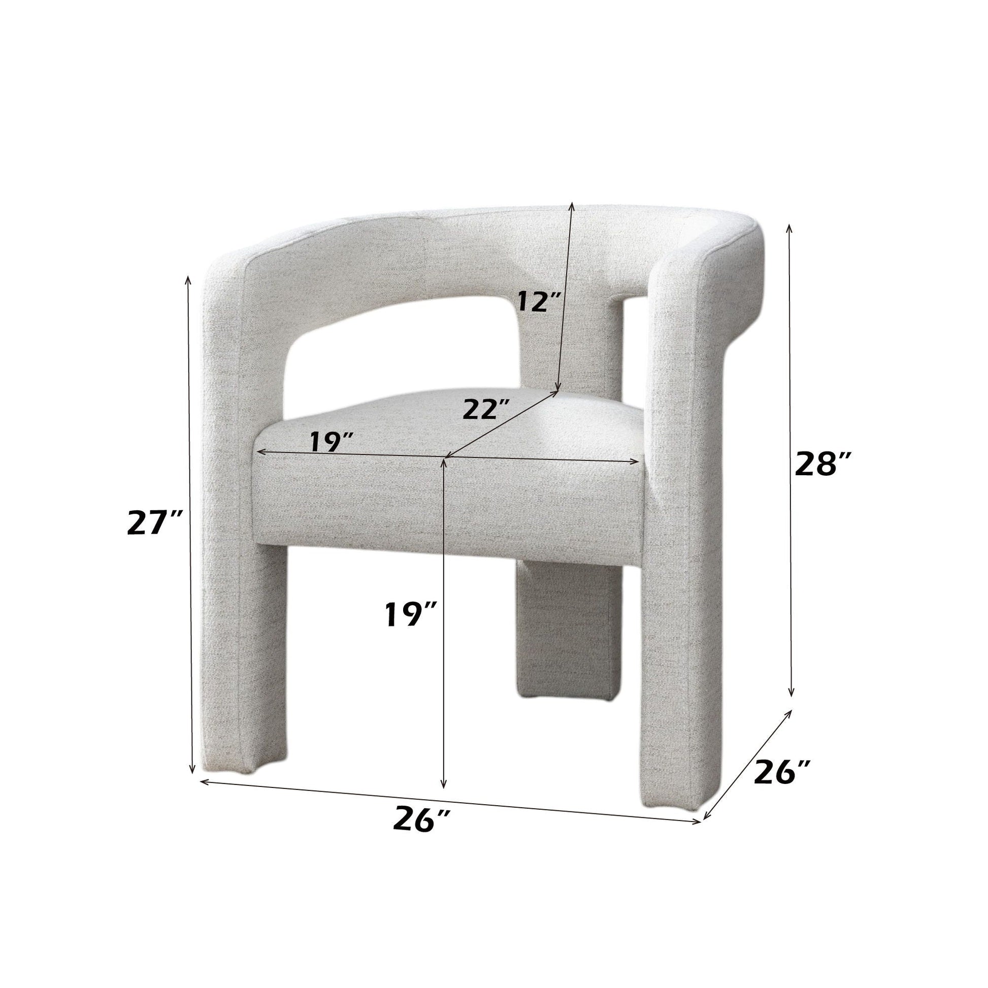 Gray chair with dimensions labeled on a white background