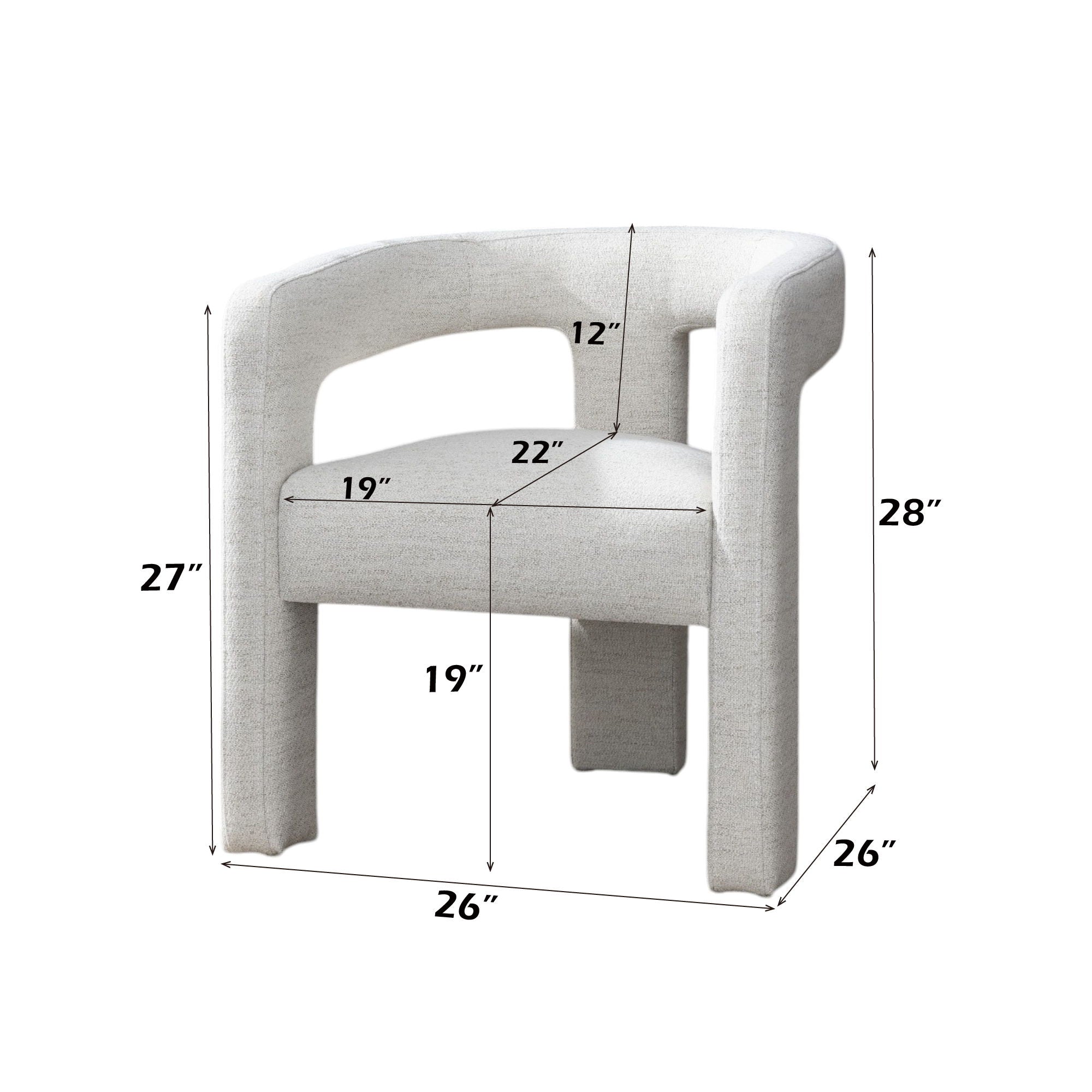Gray chair with dimensions labeled on a white background