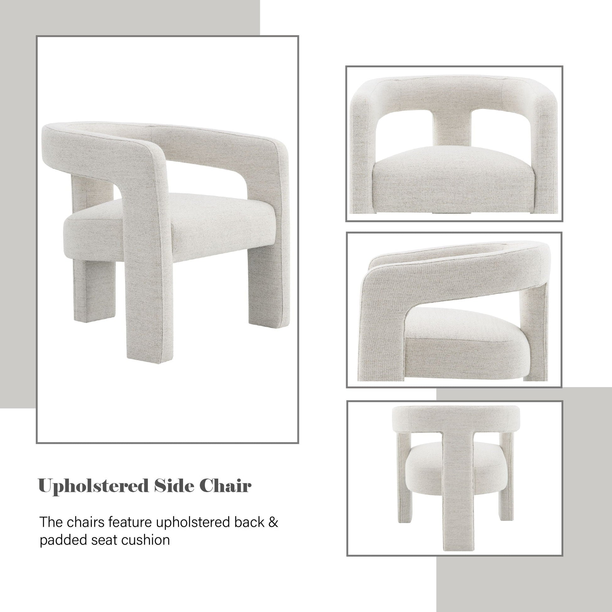 Upholstered side chair with detailed views and text description.