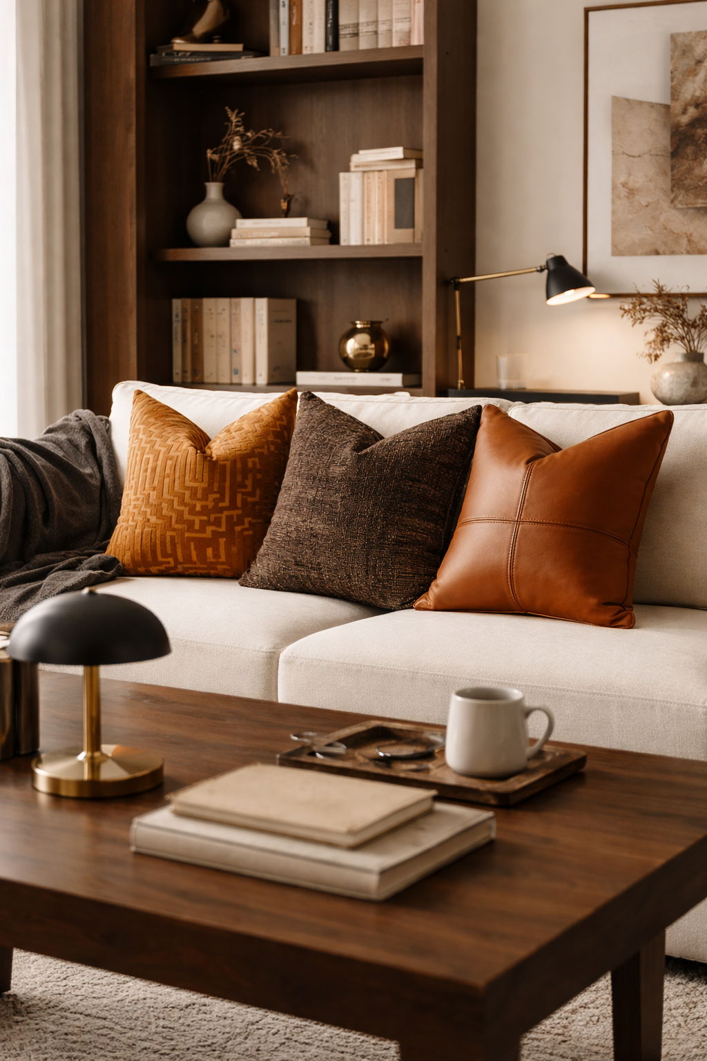 Cozy living room with a white sofa, wooden coffee table, and bookshelf.