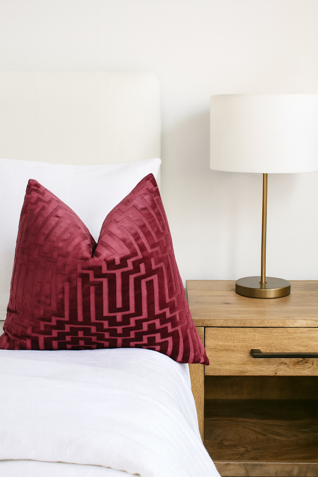 Maroon pillow on a bed next to a wooden nightstand with a lamp.