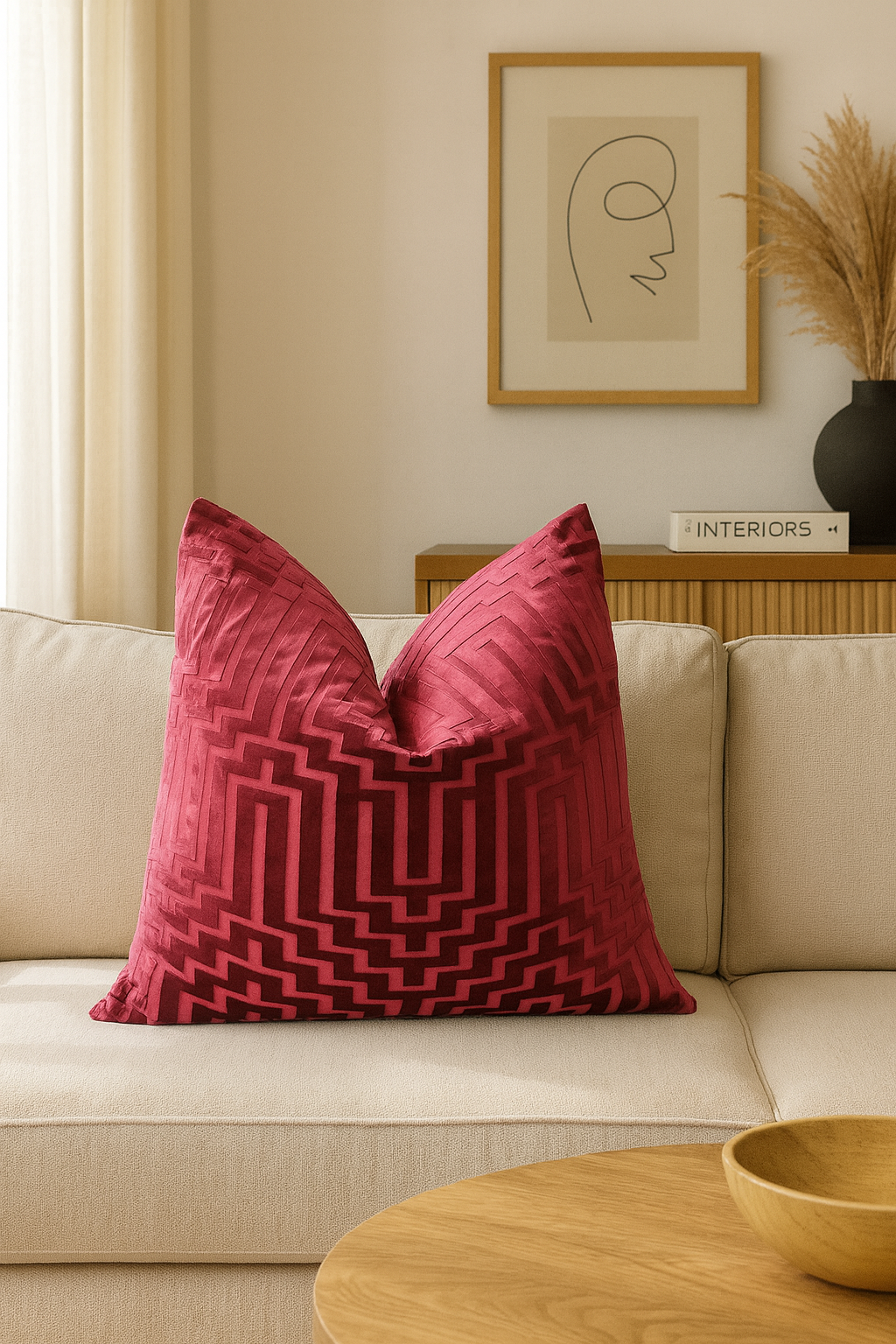 Red patterned pillow on a beige sofa with a neutral wall and decor elements.