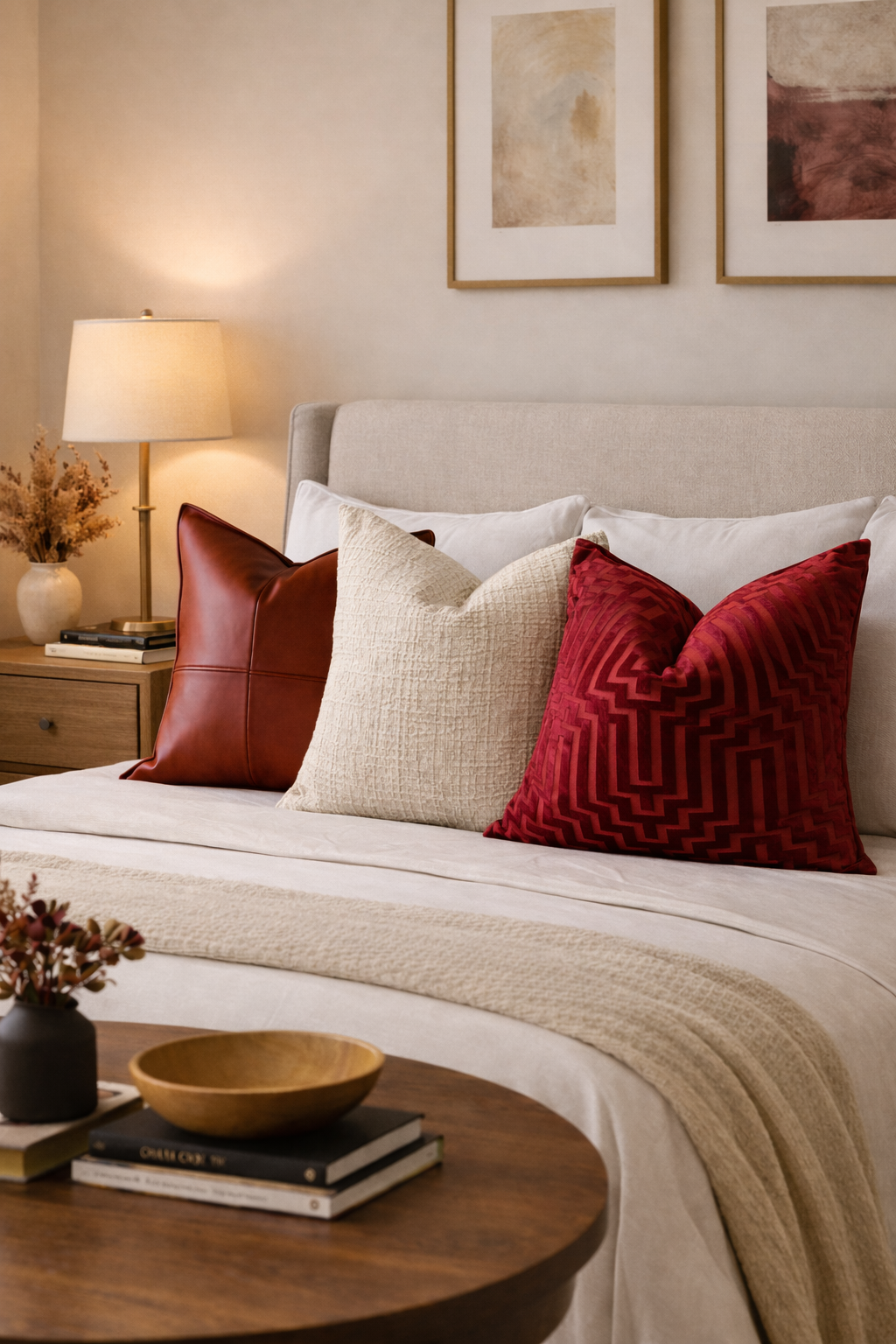 Decorative pillows on a bed with a lamp and books on a side table.