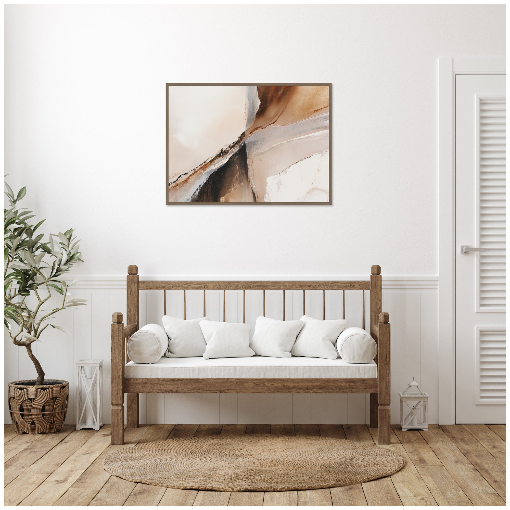 Wooden bench with white cushions in a room with a abstract painting on the wall.
