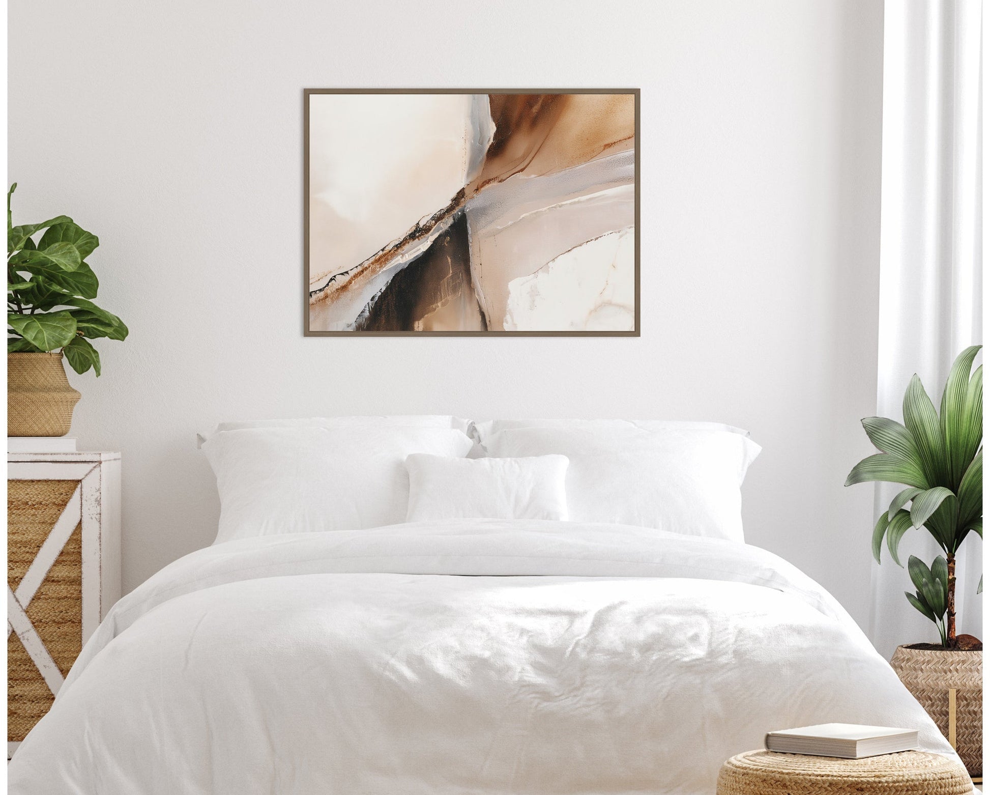 Bedroom with white bedding, a framed abstract art piece on the wall, and plants.