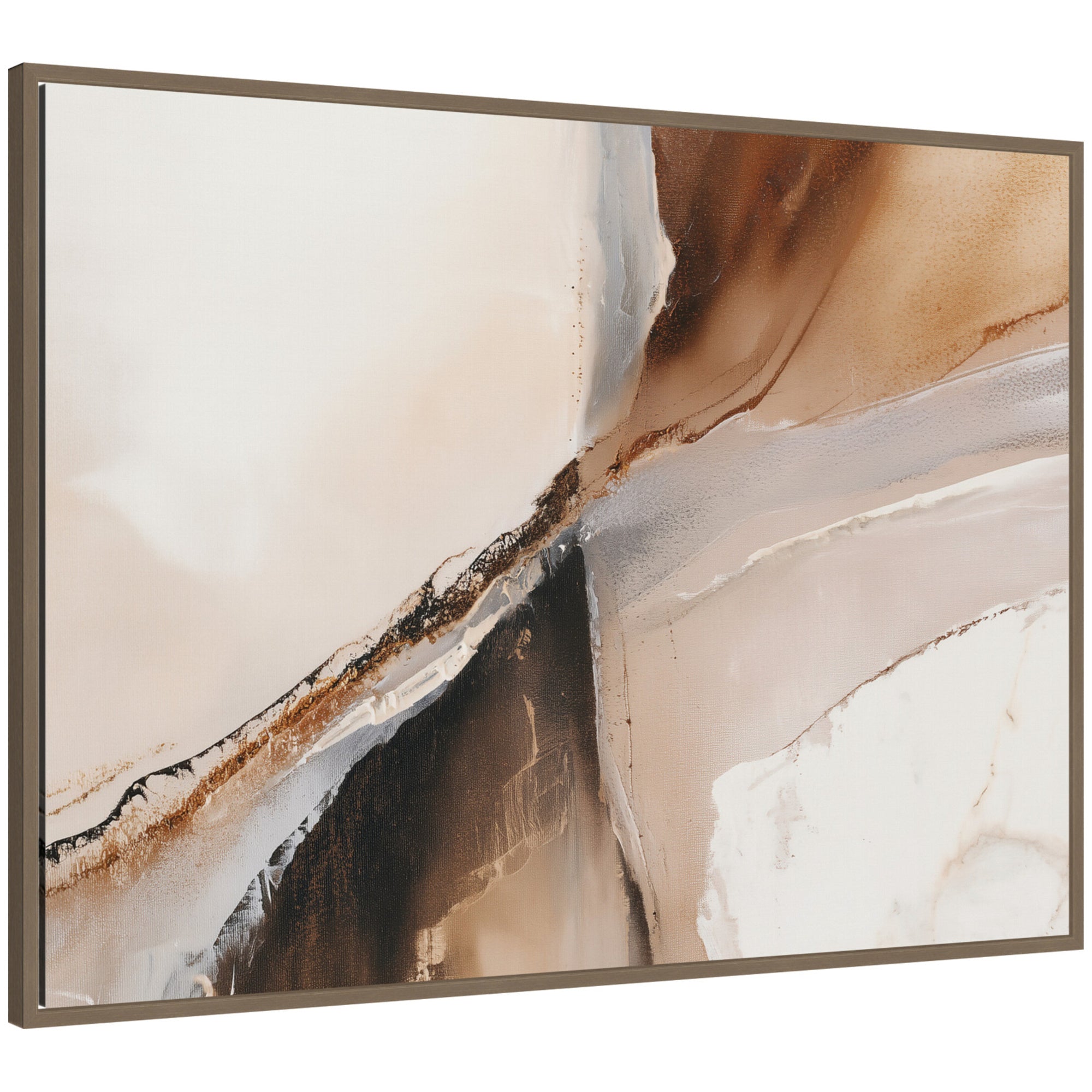 Abstract art piece with earthy tones in a gold frame on a white background