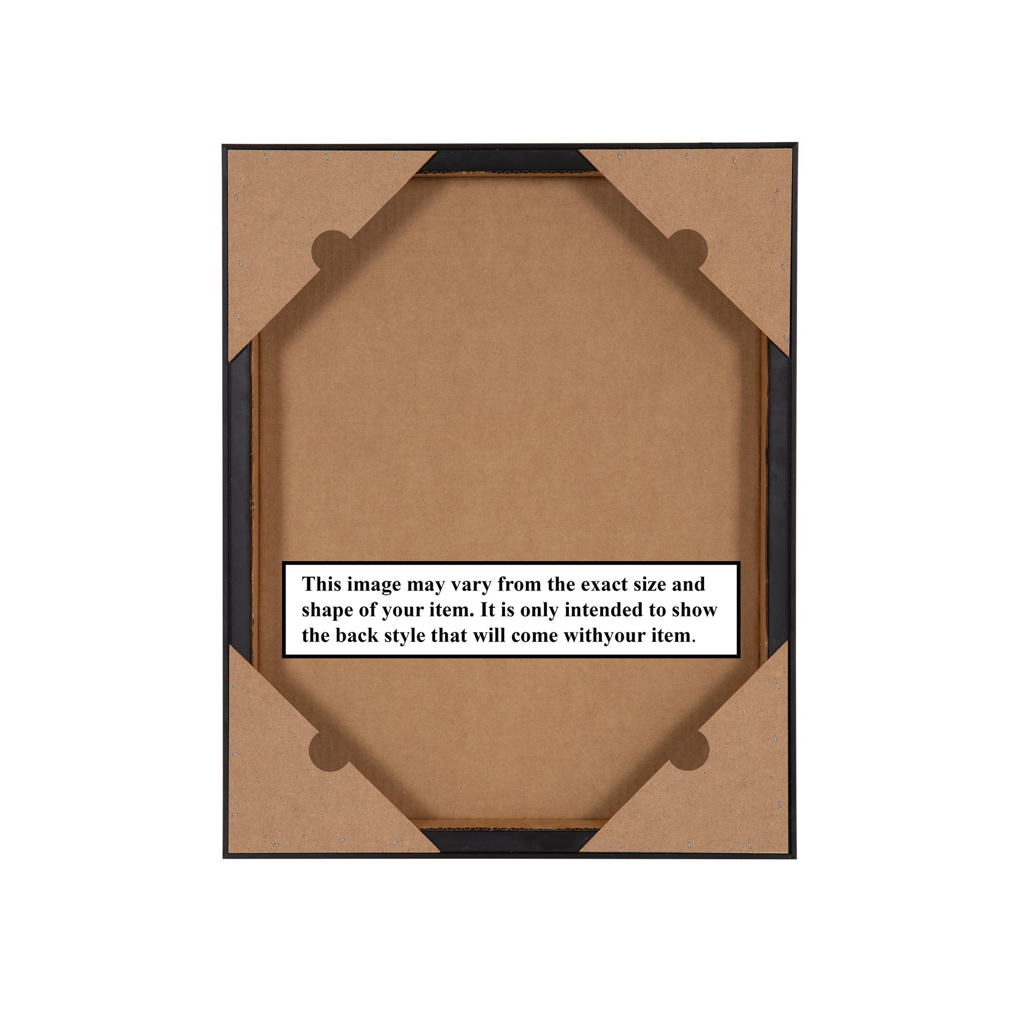 Back of a picture frame with text indicating that the image may vary from the exact size and shape of the item.