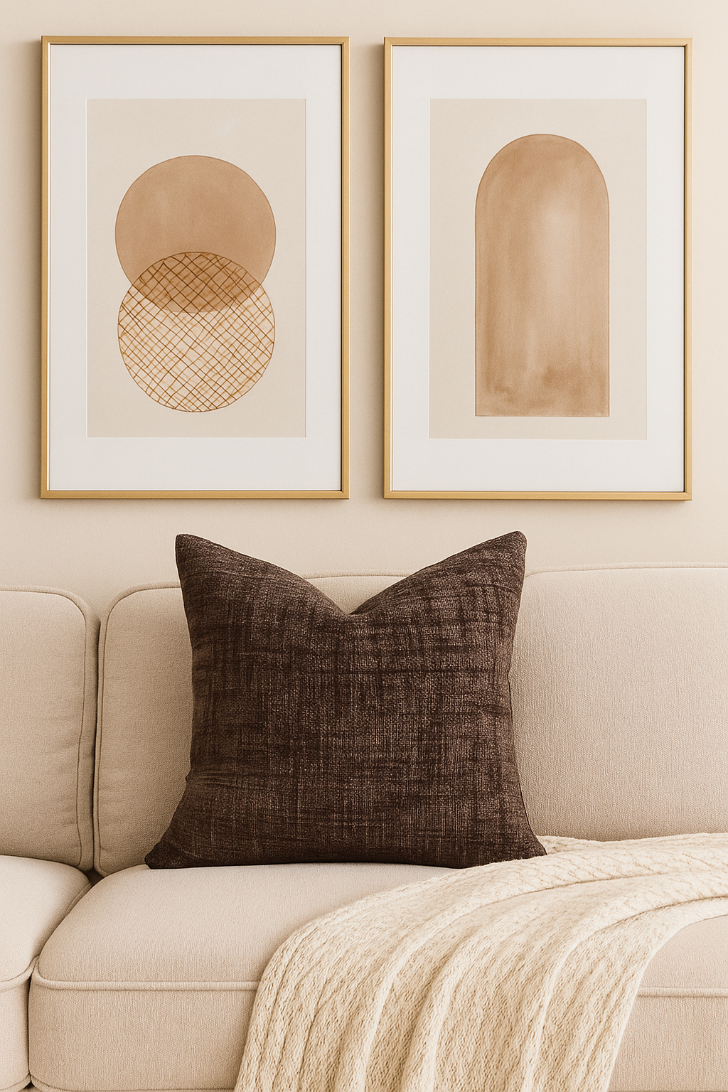 Two framed abstract artworks on a wall above a beige sofa with a brown pillow.