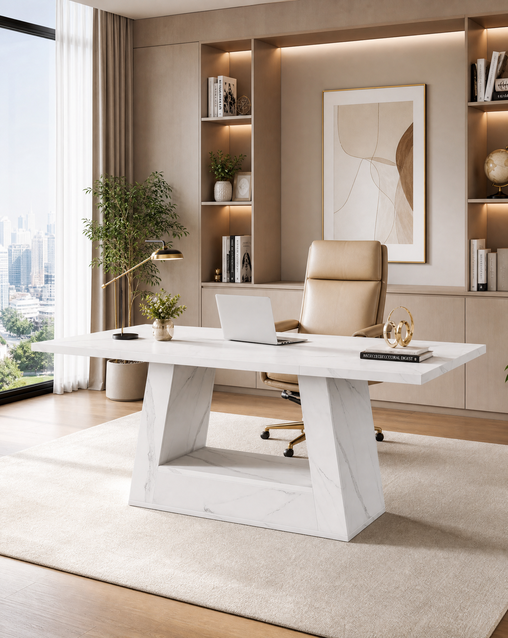 A modern white marble-top desk with a sculptural block base, styled in a contemporary home office with a beige leather office chair, shelving, and a city view window.