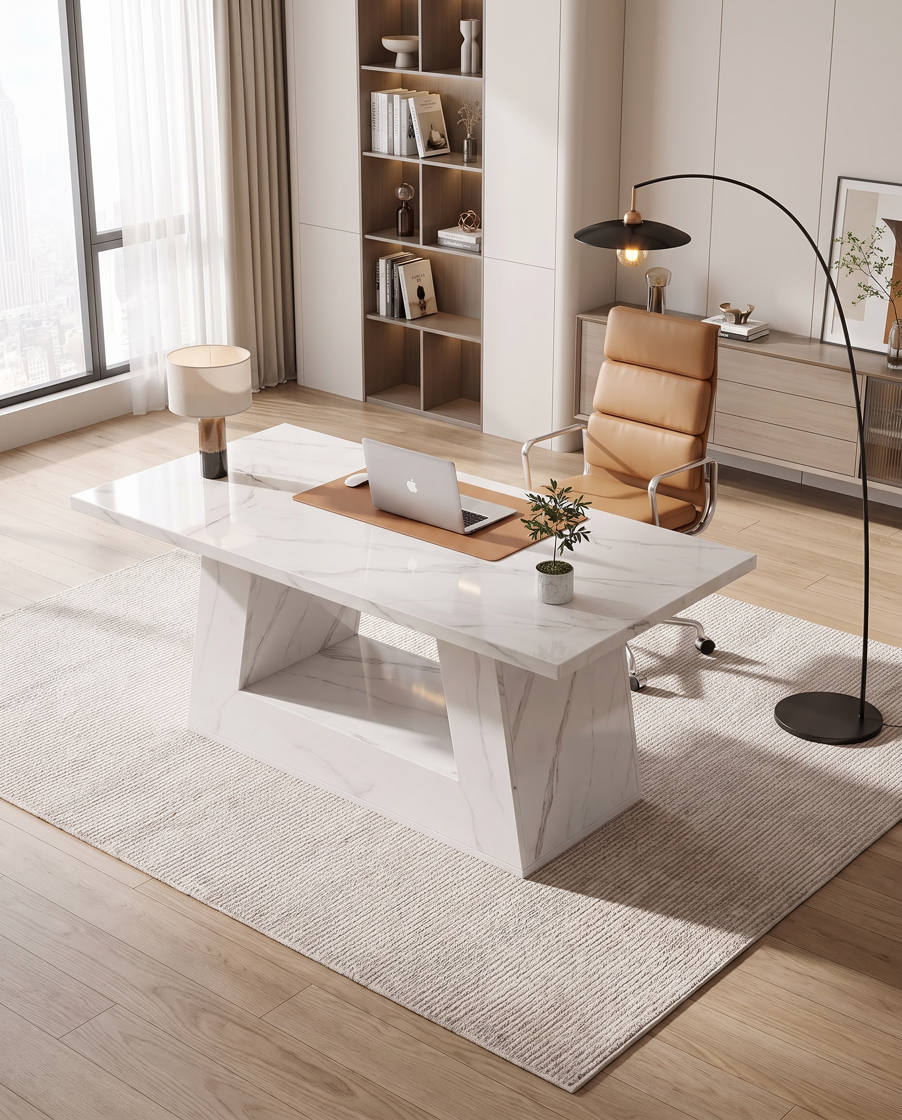 A modern white marble-top desk with a geometric pedestal base, styled in a bright home office with a tan leather chair, black floor lamp, and beige rug.