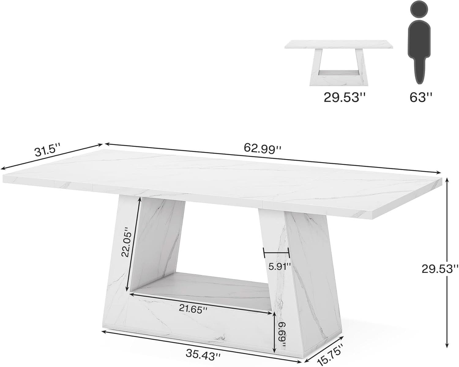 White coffee table with dimensions labeled on a white background