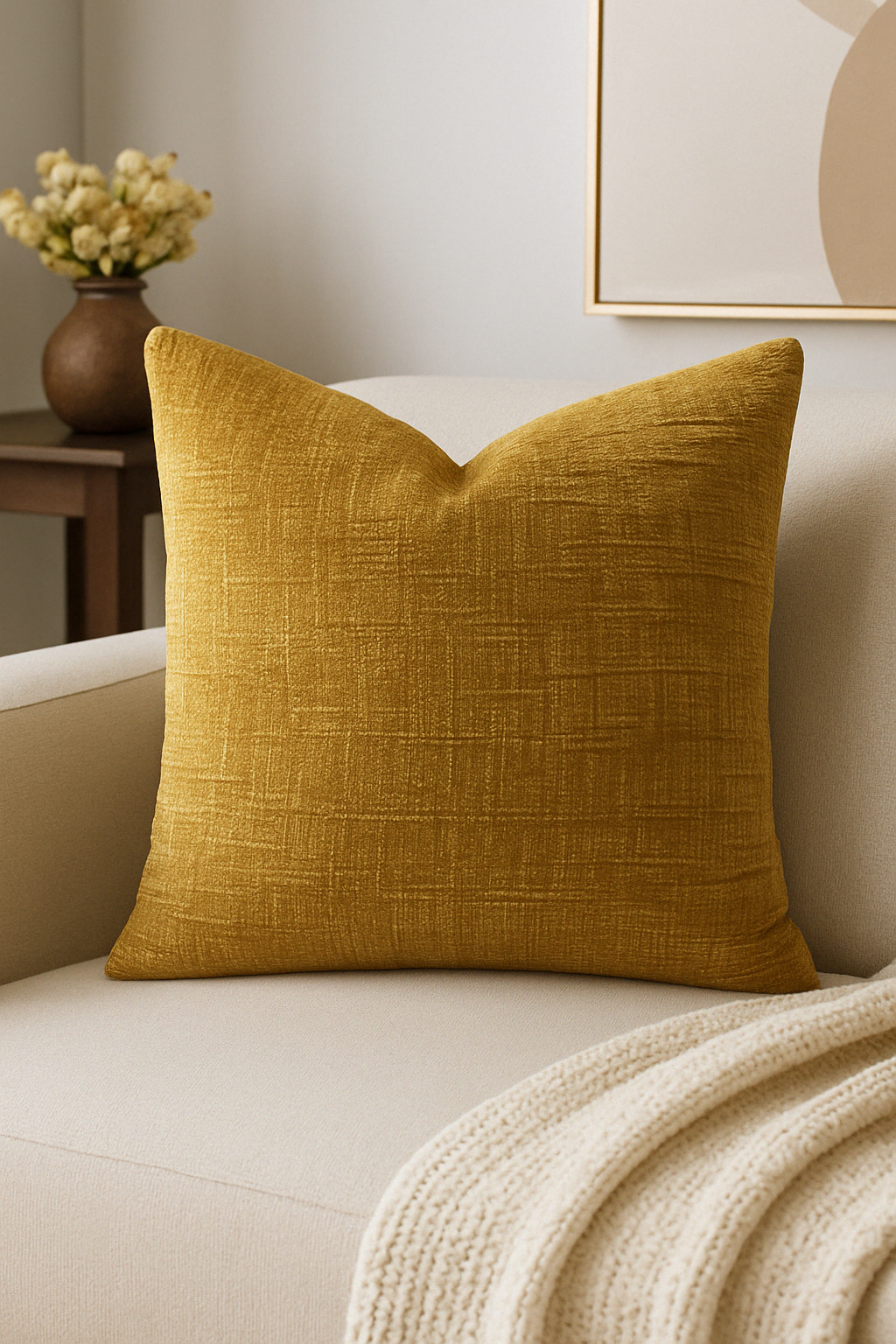 A golden yellow woven cushion cover displayed on a sofa with a soft texture, sold as a pillow cover only.