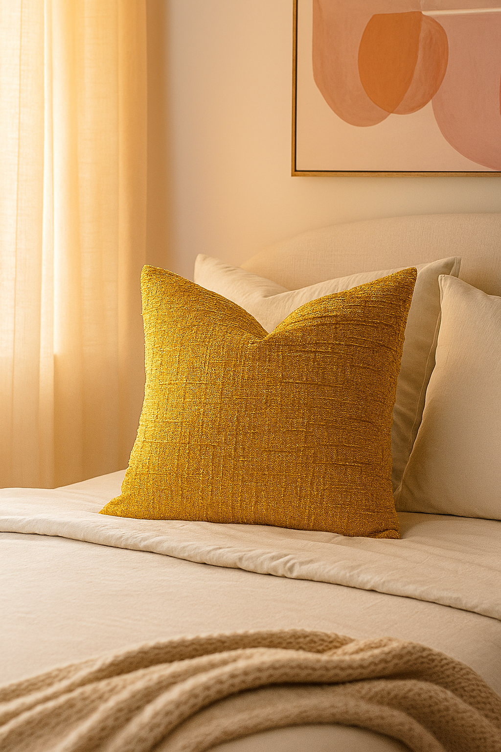 Yellow pillow on a bed with a neutral color scheme and abstract art in the background