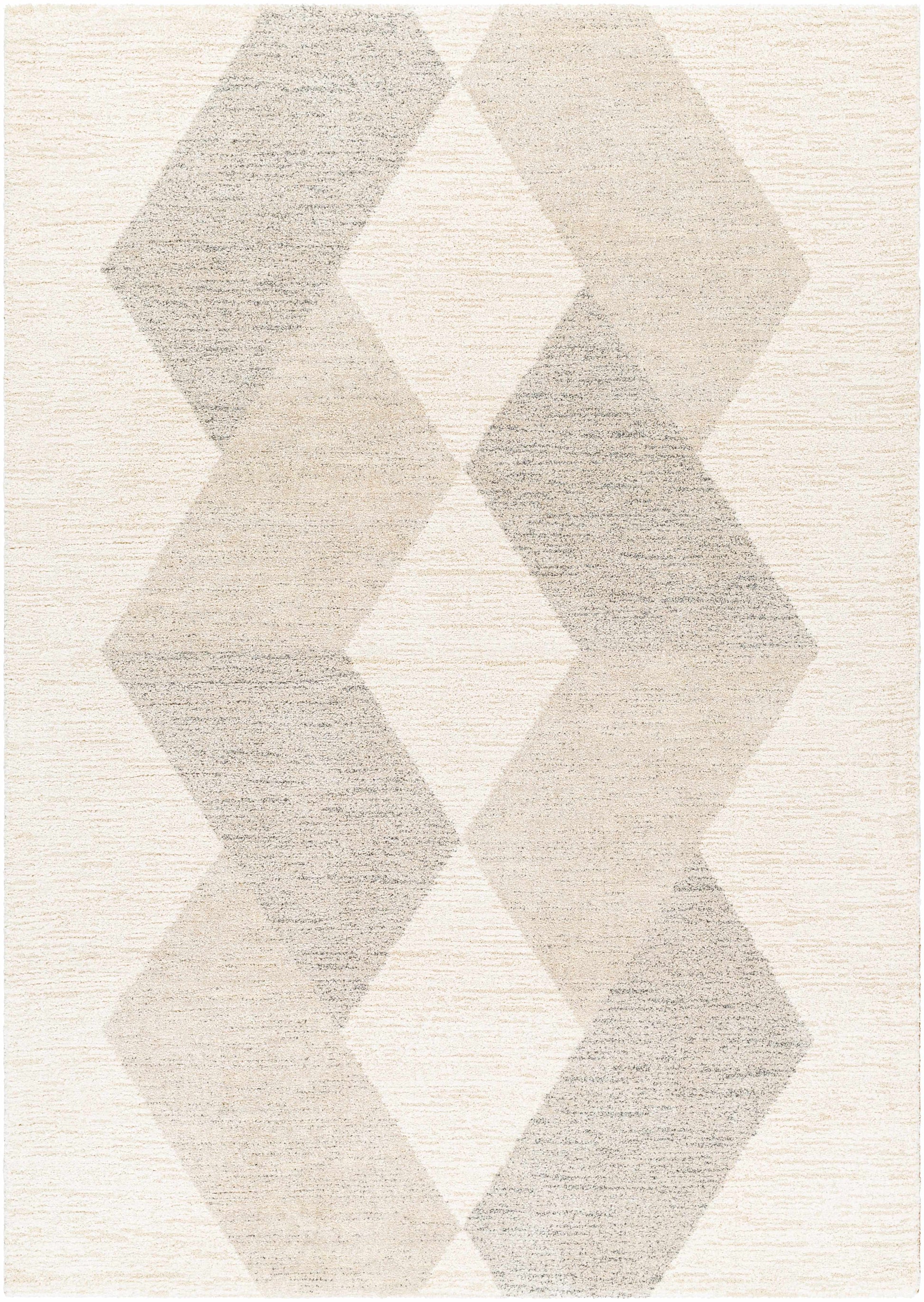 Geometric patterned rug with diamond shapes in neutral colors on a light background