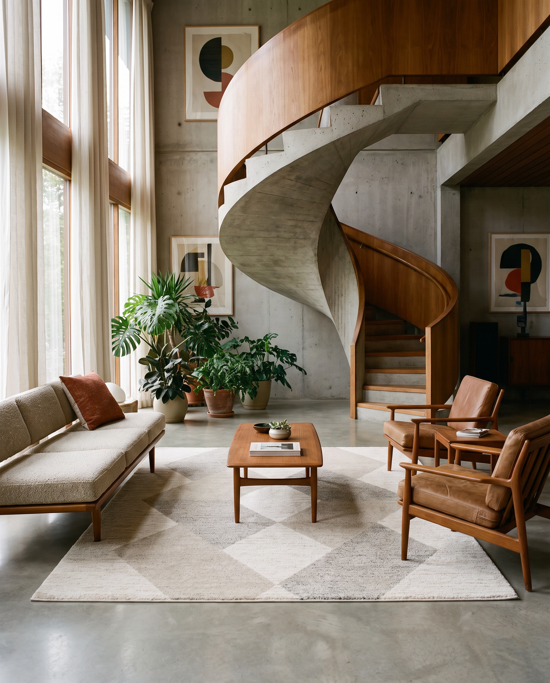 A modern living room with a concrete and wood spiral staircase, featuring a beige sofa, two brown leather armchairs, a wooden coffee table, and a geometric patterned area rug on a polished concrete floor.