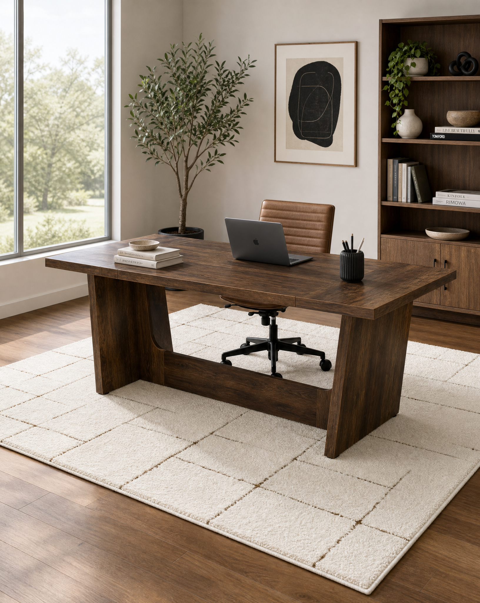 A dark brown wooden writing desk in a modern home office setting, styled with a laptop, books, a black chair, a potted olive tree, and a large cream-colored rug on a wood floor.