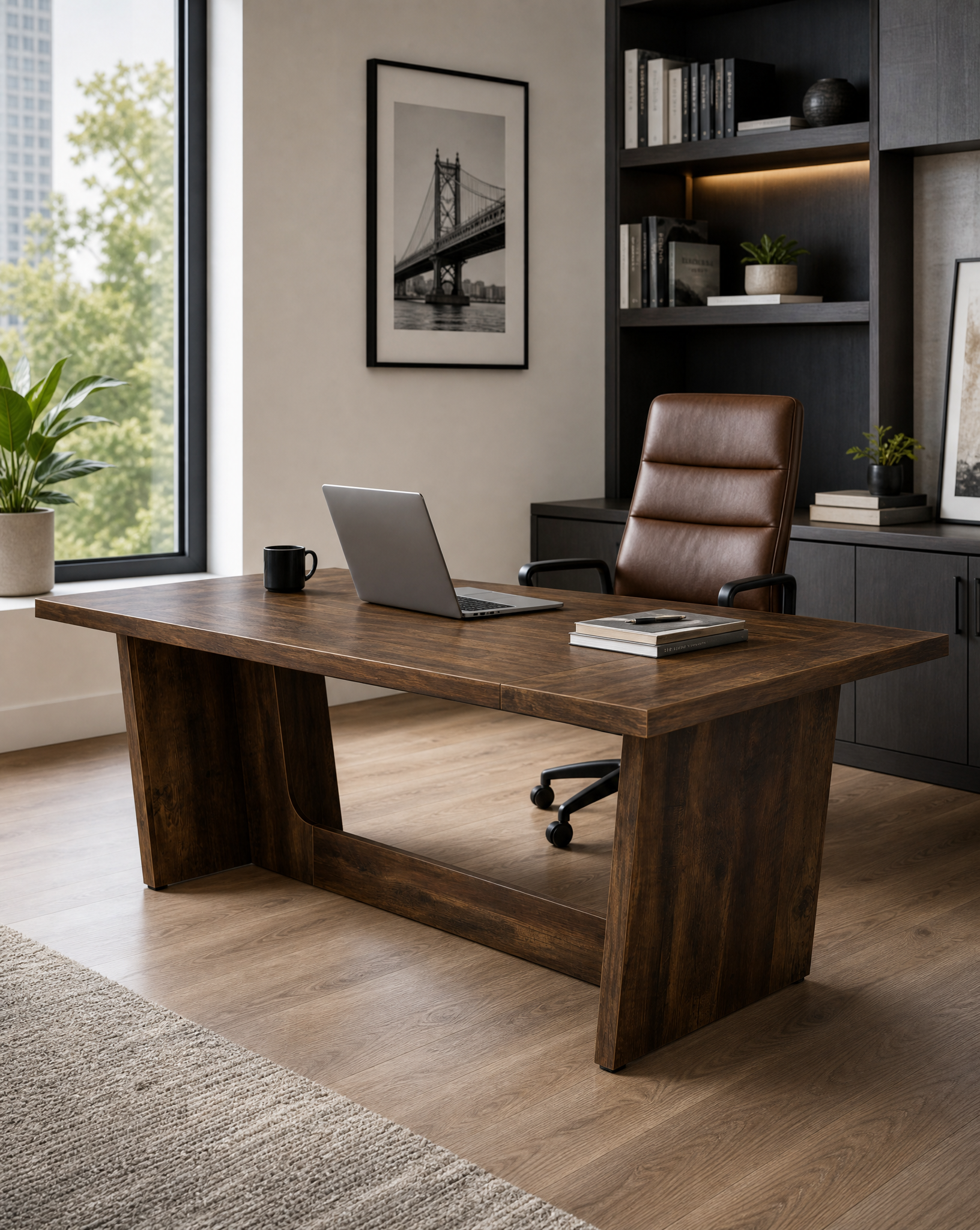 A dark brown wooden writing desk in a modern home office setting, styled with a laptop, mug, and books, next to a brown leather office chair.