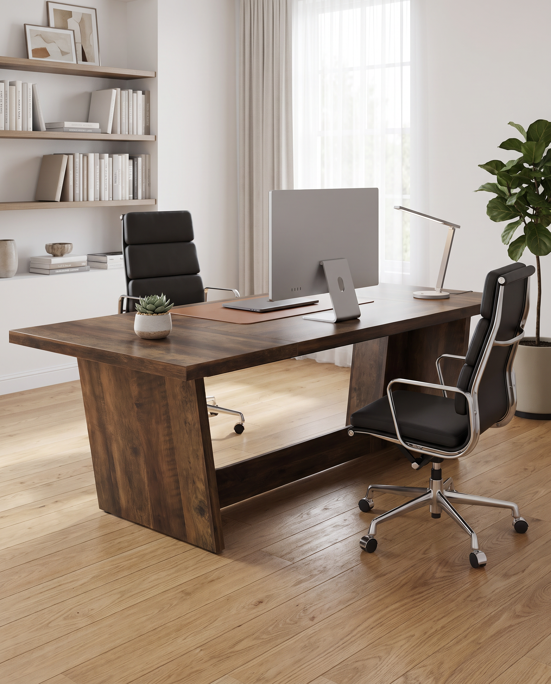 A dark brown wooden writing desk in a modern home office setting, styled with two black office chairs, a computer monitor, a laptop, and a desk lamp.
