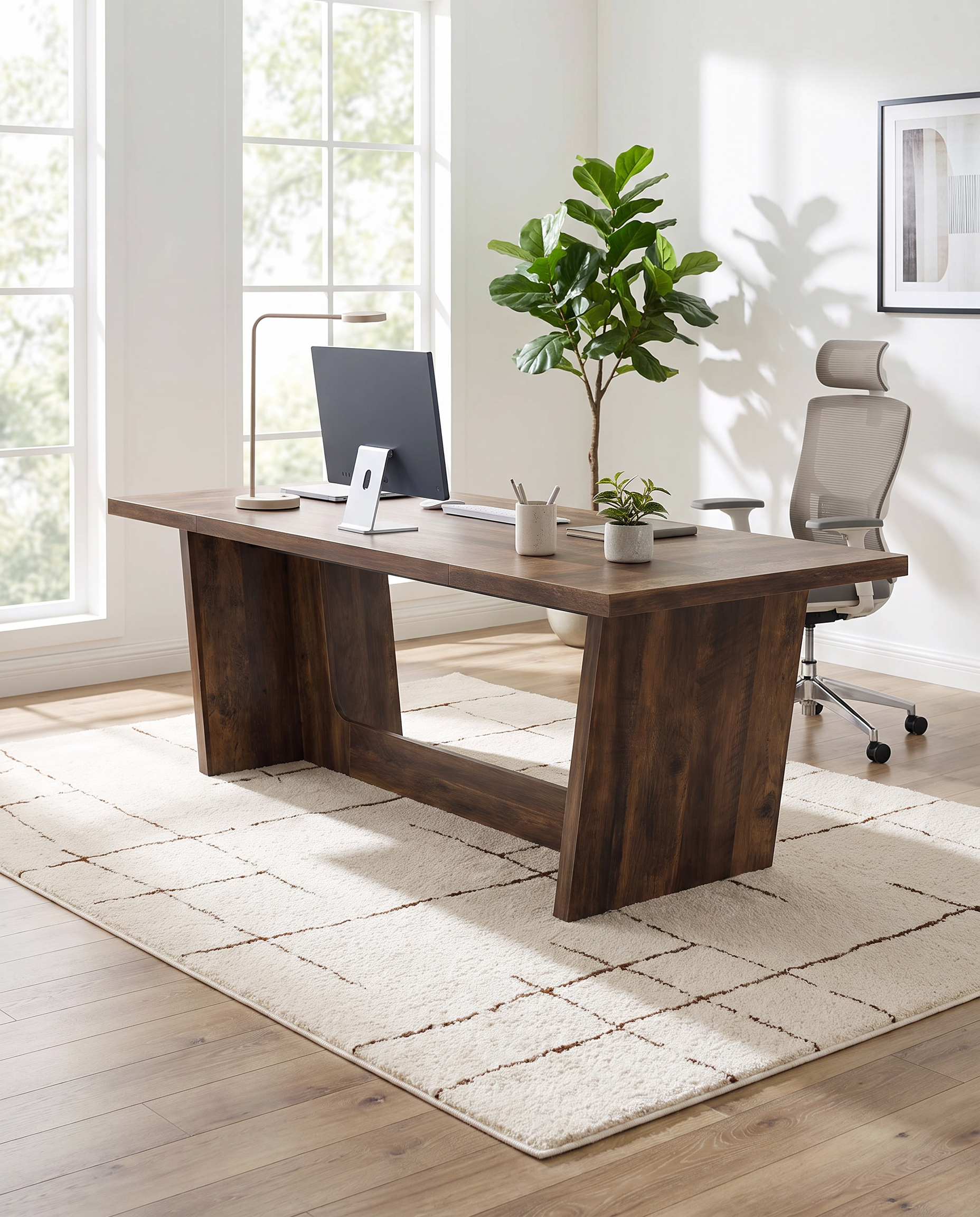 A dark brown wooden writing desk with a rustic industrial design, styled in a bright home office with a computer, lamp, plant, and office chair on a cream rug.