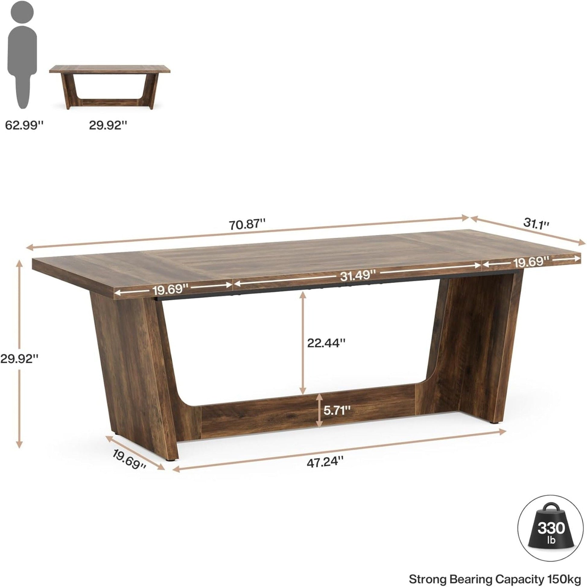 Wooden dining table with dimensions and weight capacity displayed