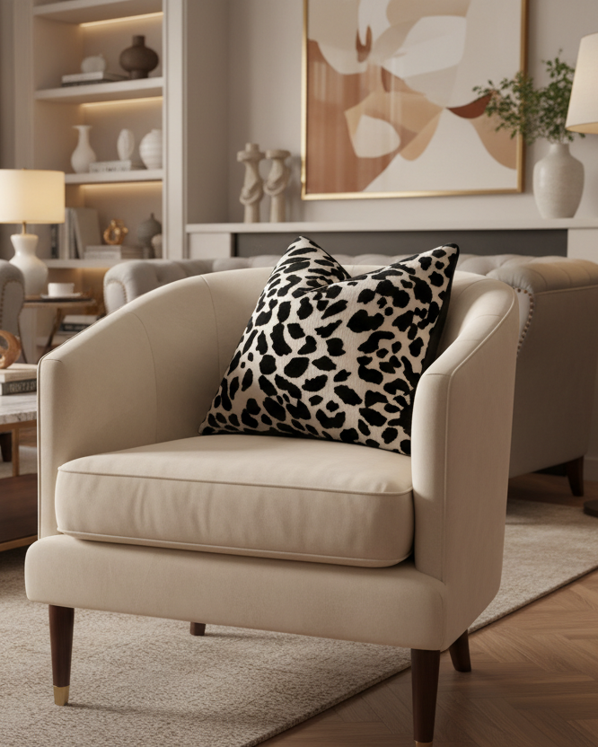 Leopard print pillow with a tag on a white background