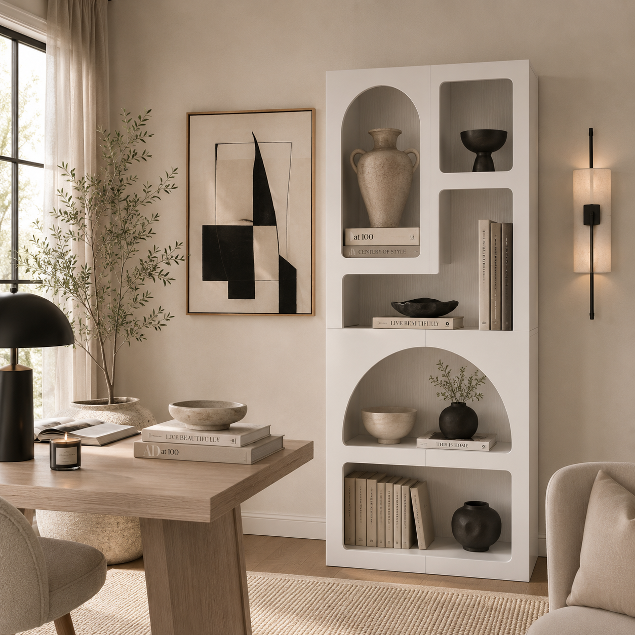 Modern living room with a white bookshelf, wooden desk, and decorative items.