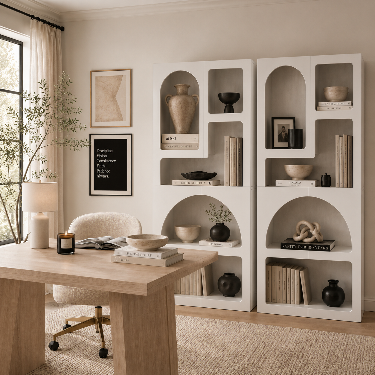 Home office with wooden desk, white bookshelf, and decor items.