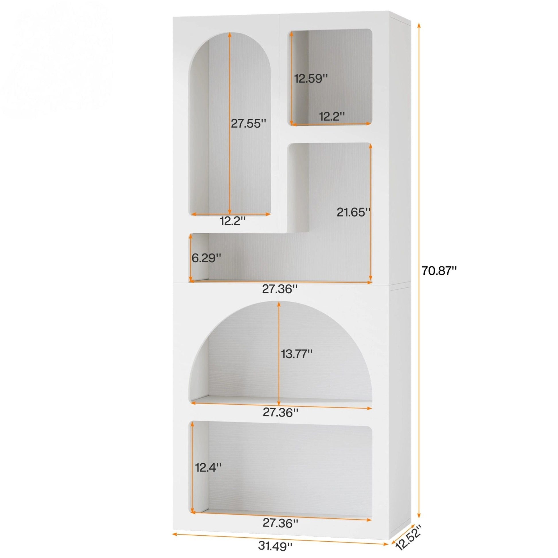 White bookshelf with dimensions labeled on a white background