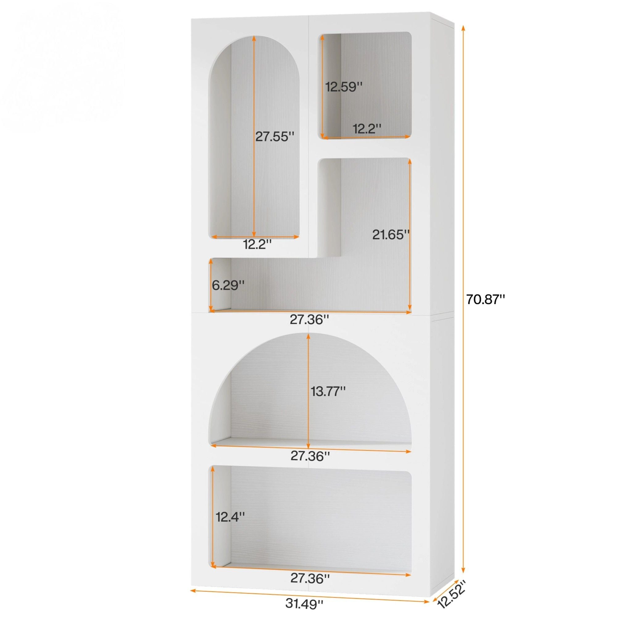 White bookshelf with dimensions labeled on a white background