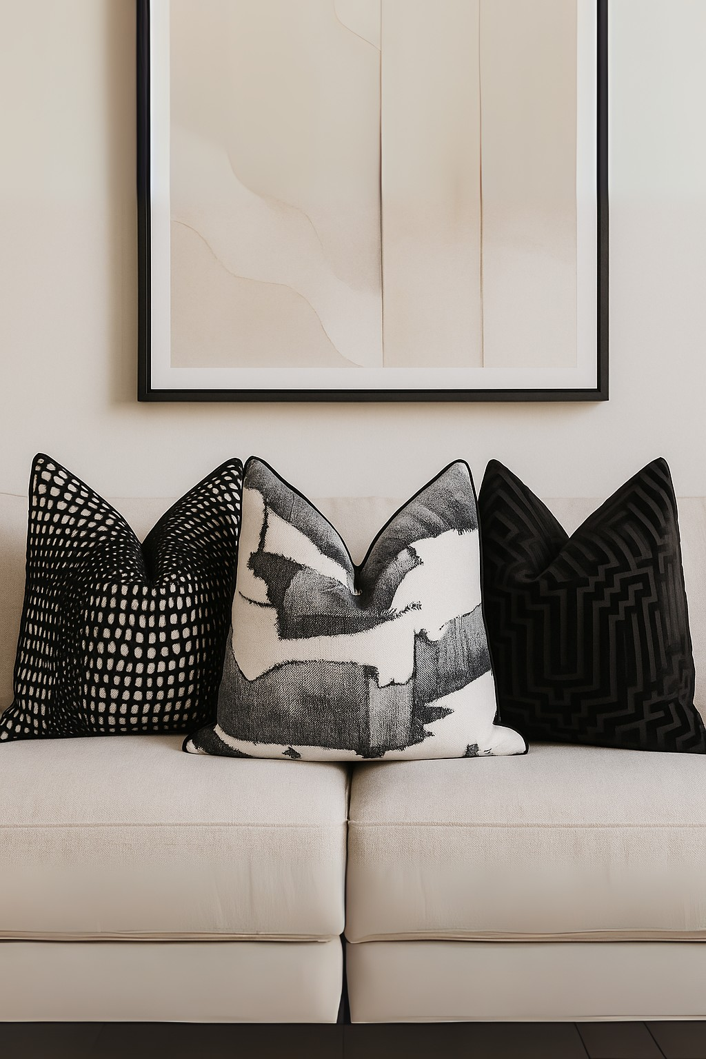 Decorative pillows on a beige sofa with a framed abstract painting in the background.
