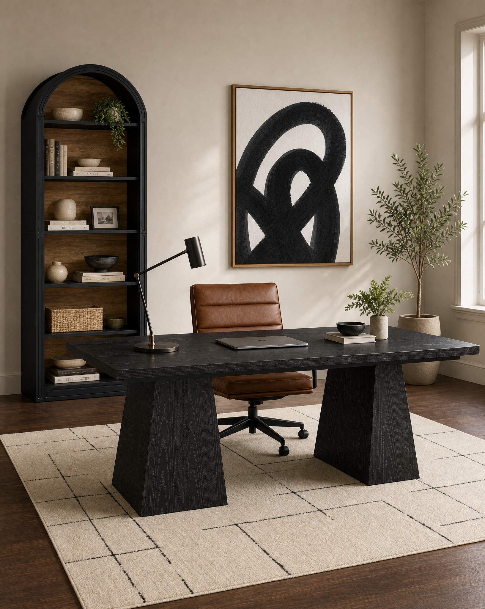 A modern black wood writing desk with thick block legs, styled in a warm, neutral-toned home office with a brown leather chair, a black desk lamp, and a large abstract black-and-white framed print on the wall.