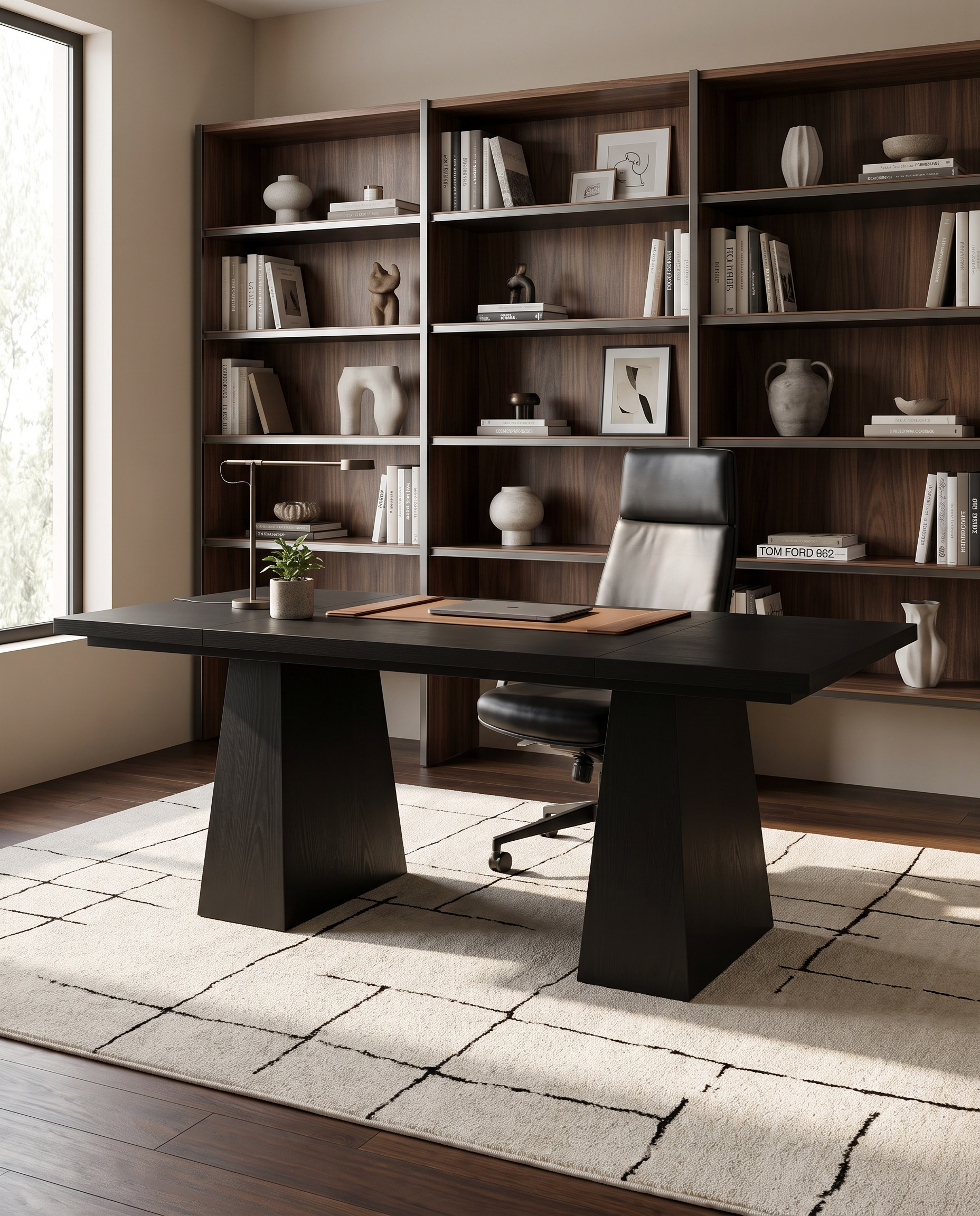 A modern dark wood executive desk with thick blocky legs, set in a home office on a light patterned rug in front of a large matching wood bookshelf.