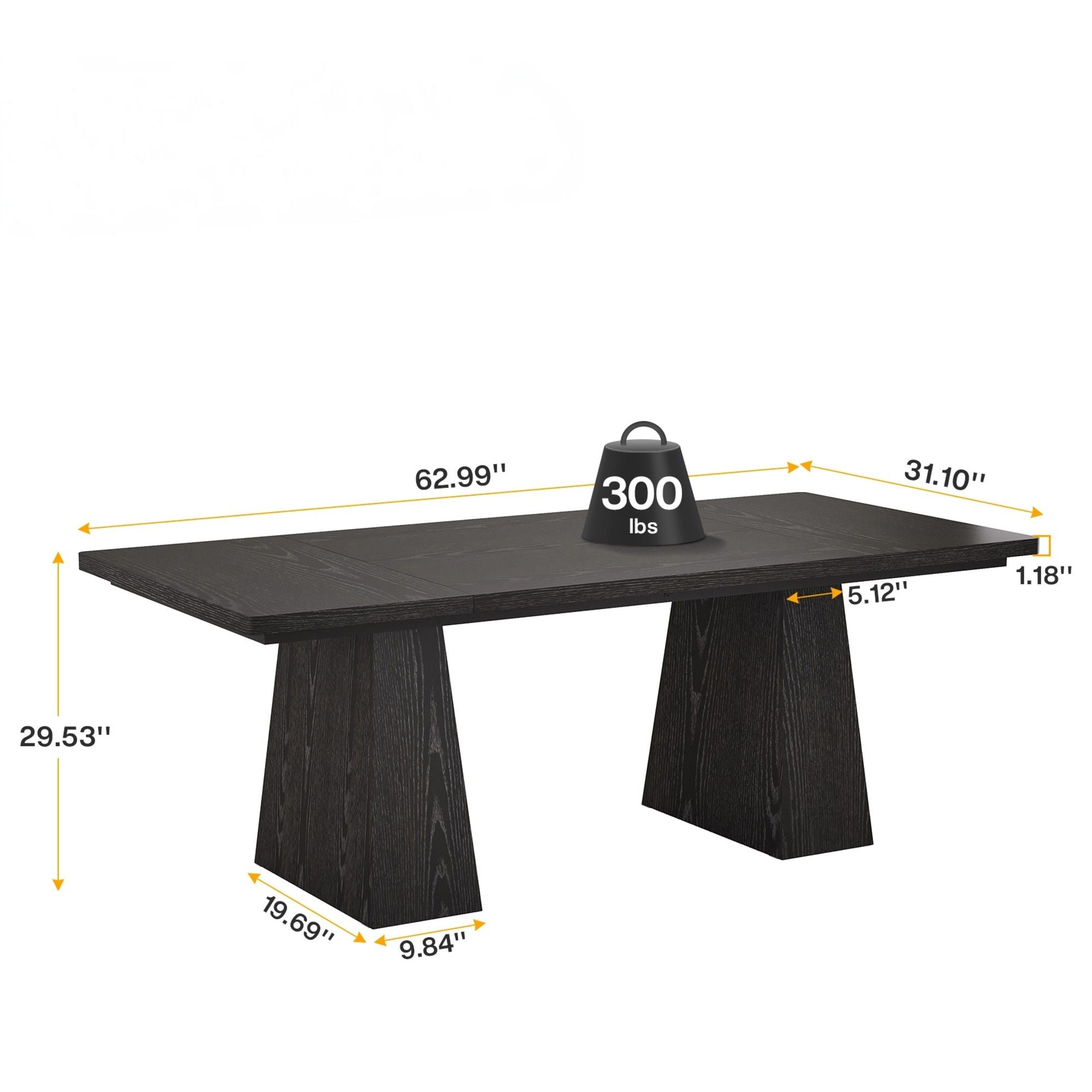 Black dining table with measurements and weight indicator on a white background
