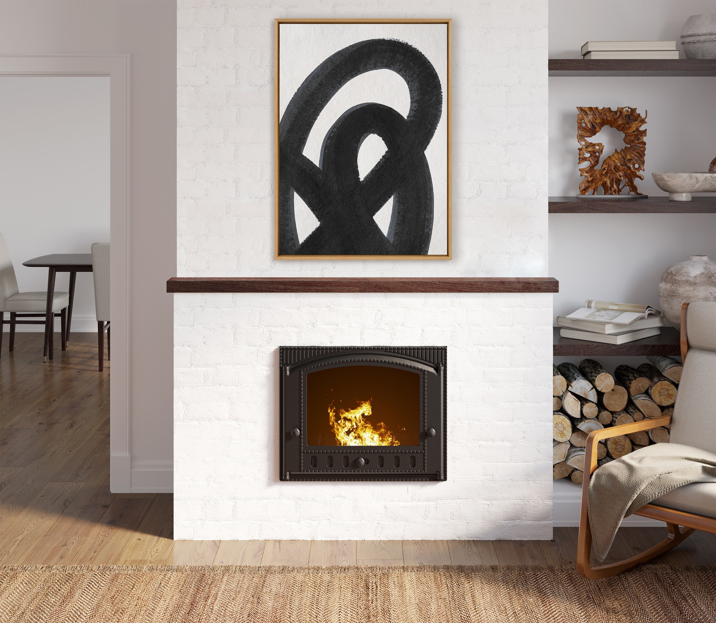 Modern living room with a fireplace, abstract art, and wooden chair.