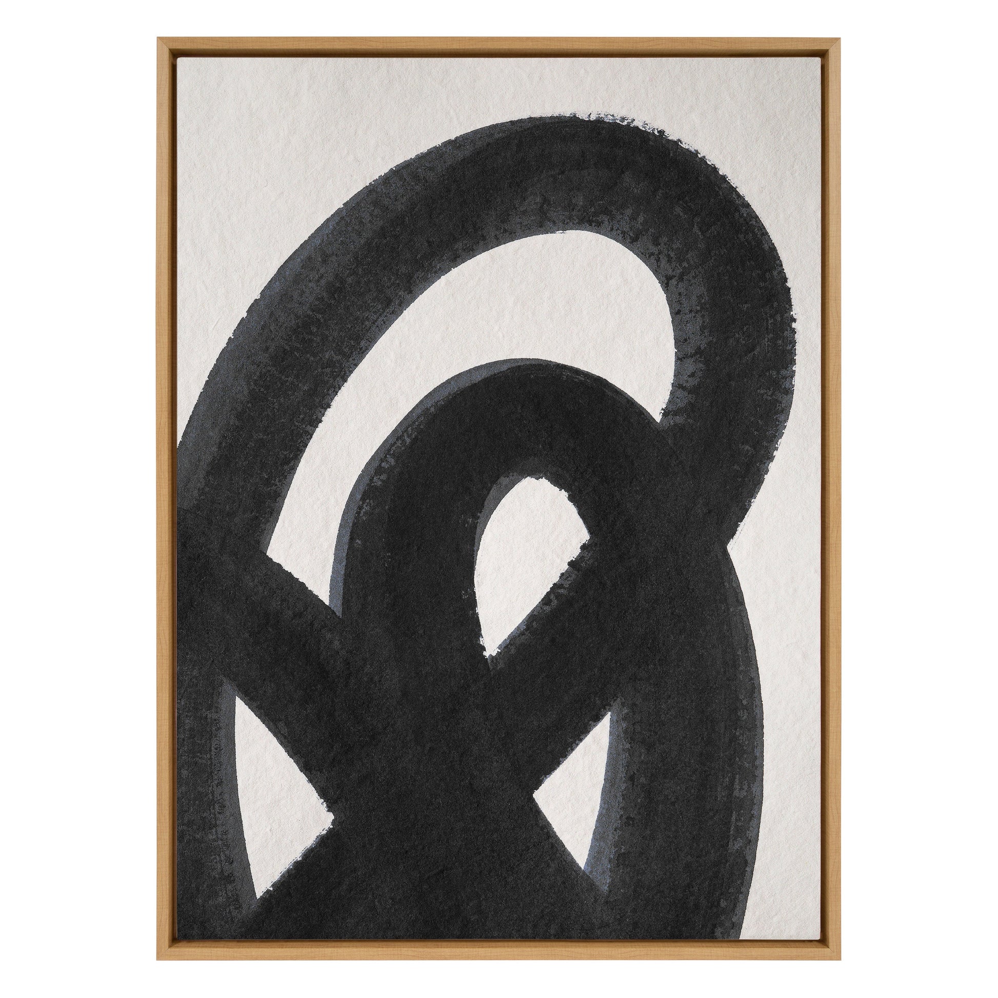 Abstract black and white artwork in a wooden frame on a light background